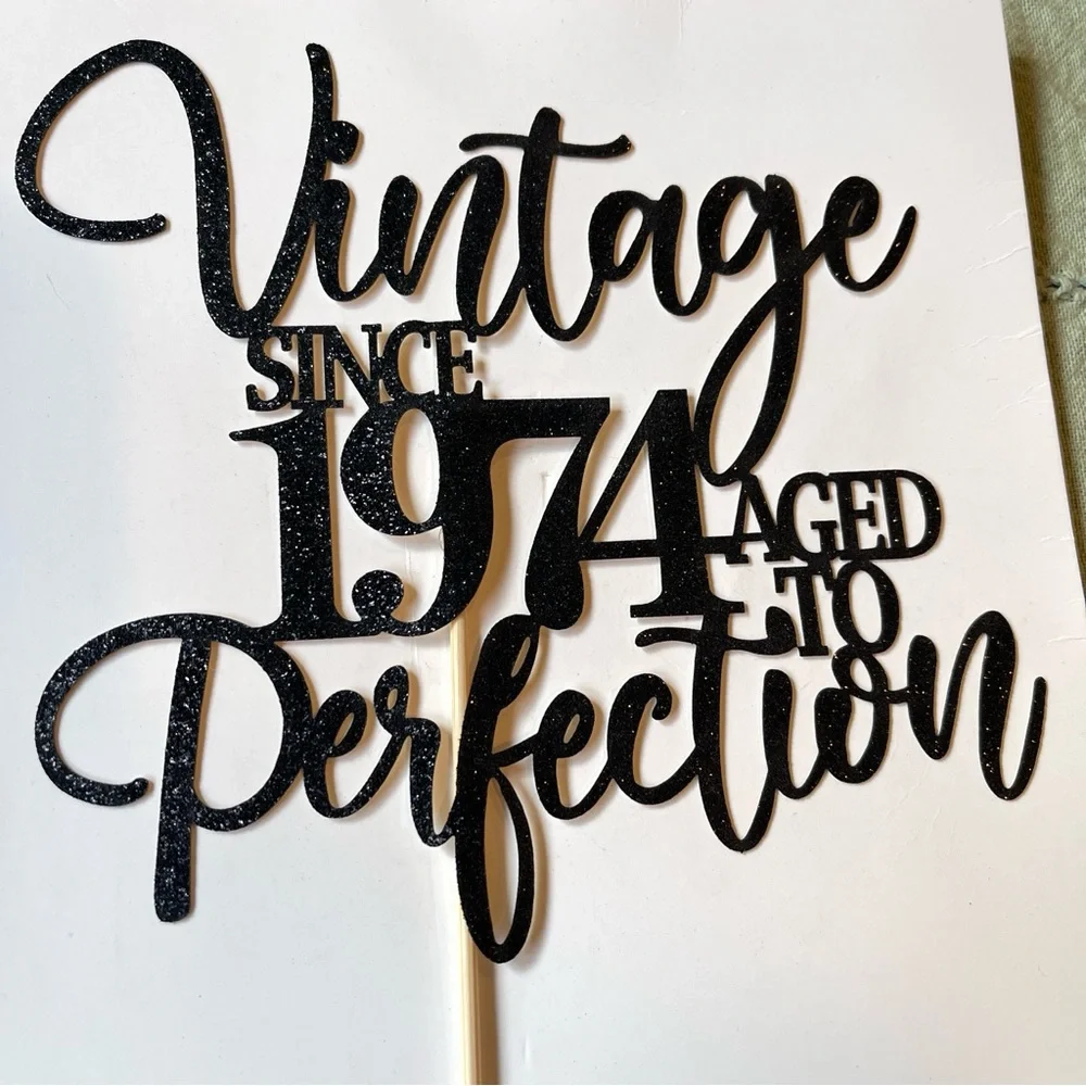 Vintage Since 1974 Aged to Perfection Shimmery Black Cake Topper